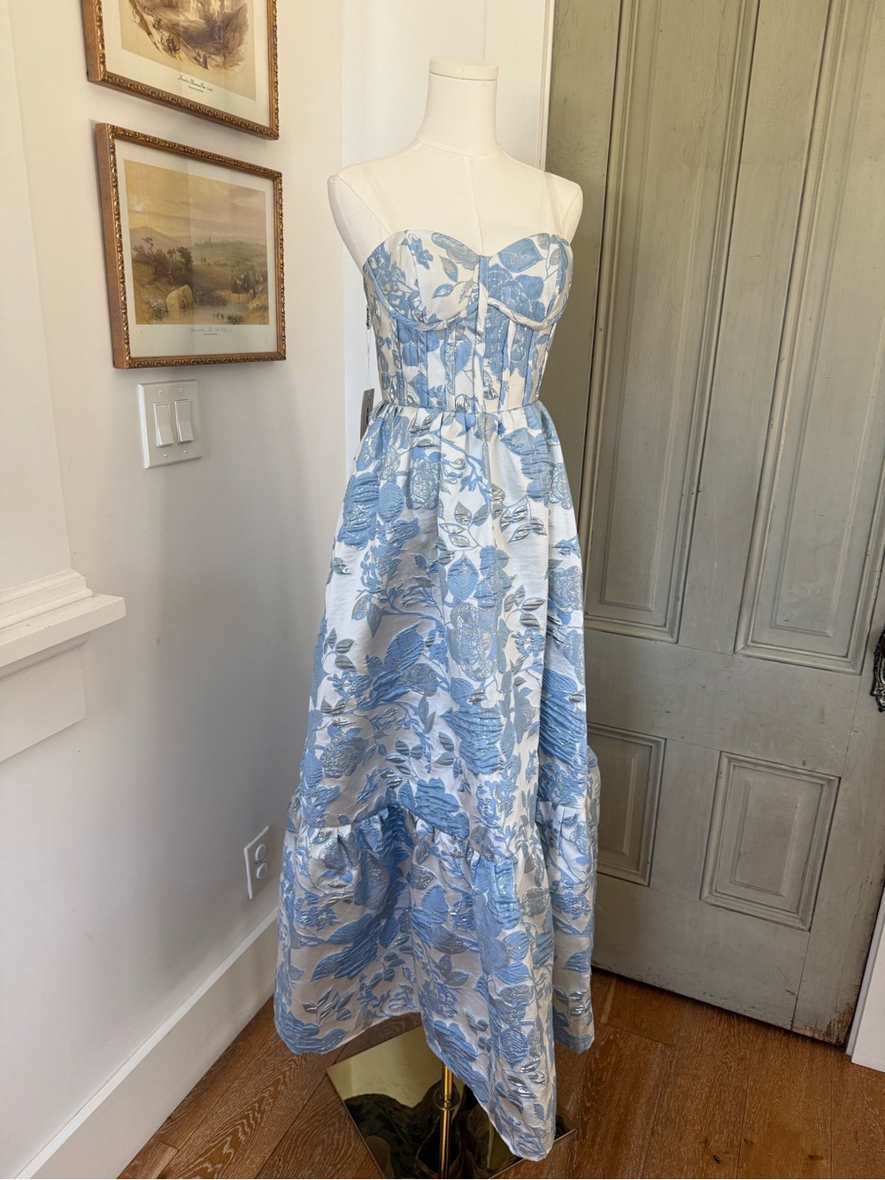 Blue and White Brocade Maxi Dress